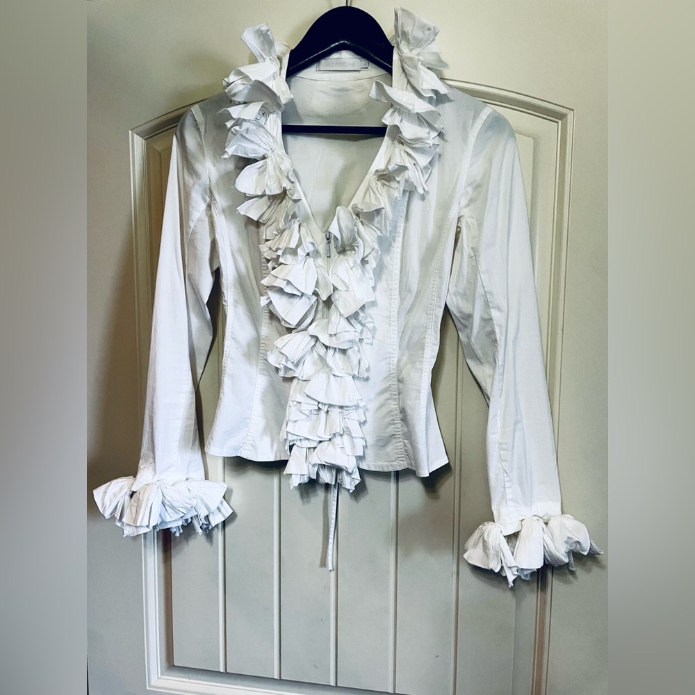 Anne Fontaine white bow zip up front lace up back blouse Sz 36 S